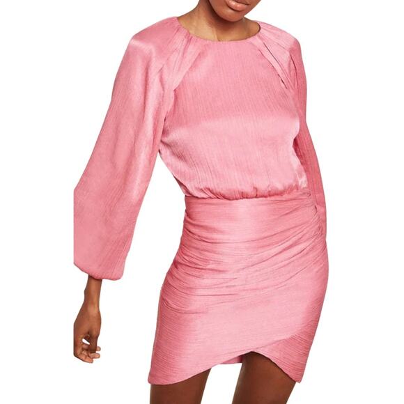 Veronica Beard Gracelynn Pink Ruched Satin Balloon Sleeve Mini Dress Size 0